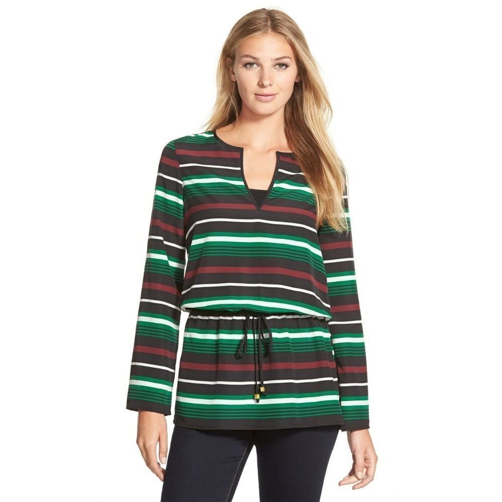 New! MICHAEL KORS Women's Striped Drawstring Top Blouse Tunic XL Long Sleeve